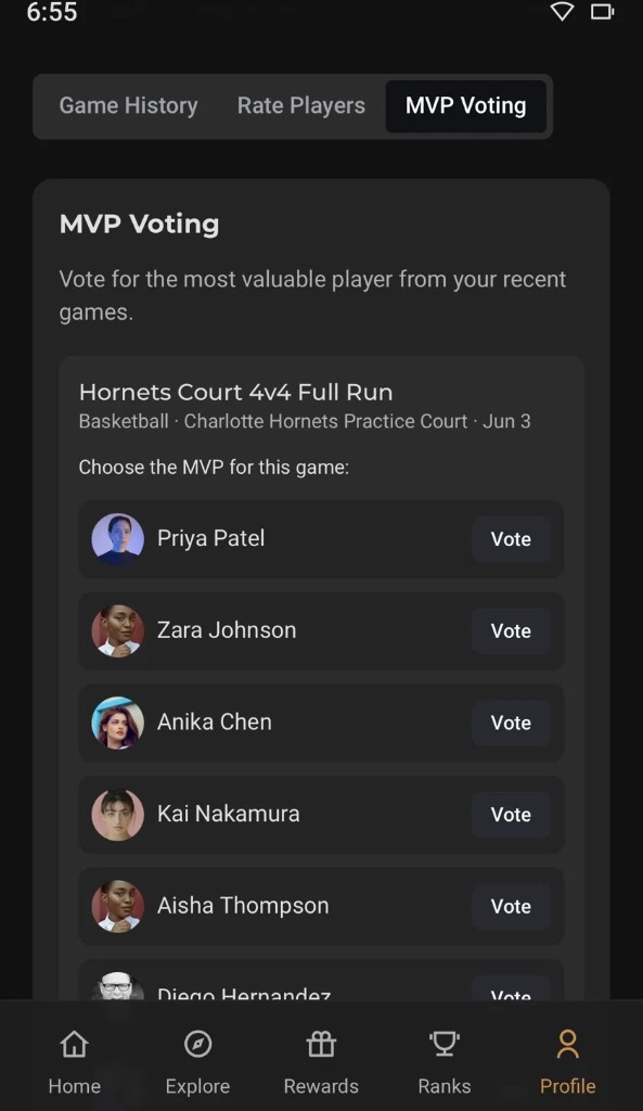 Tempo MVP voting screen